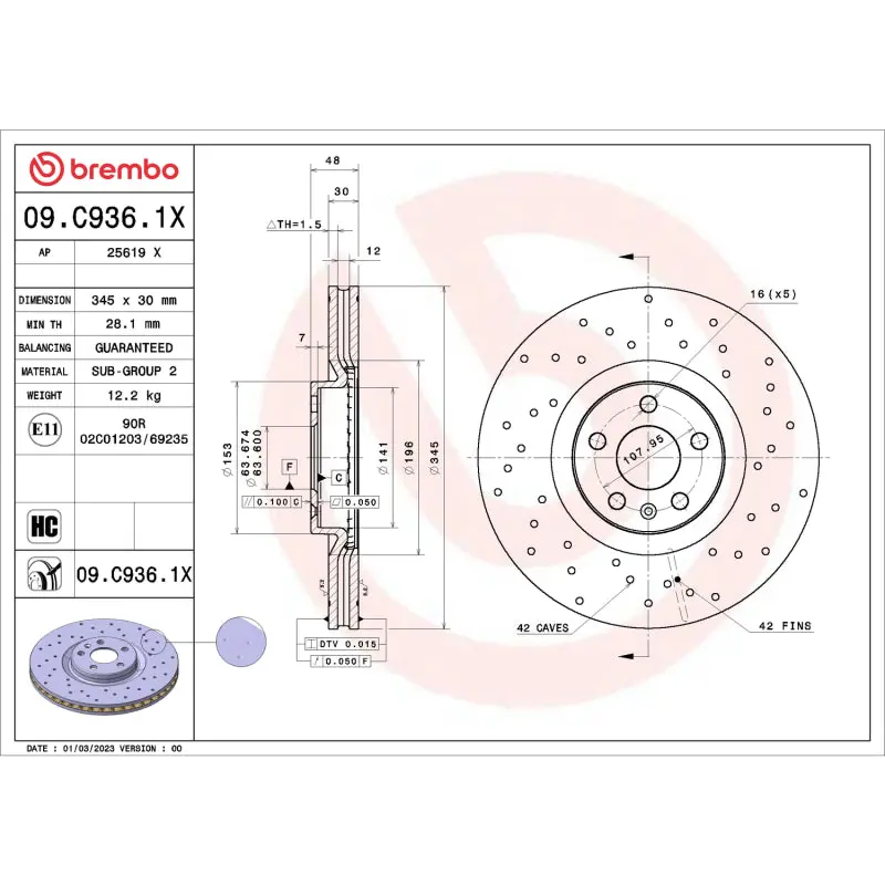 Brembo 16-24 Volvo Xc90 / 18-24 Xc60 Front Premium Xtra Cross Drilled Uv Coated Rotor 1