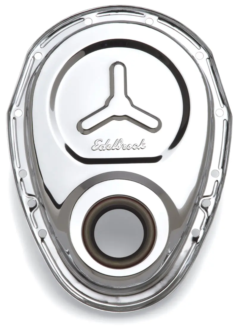 Edelbrock Timing Cover Sb-Chevy Chrome W/ Welded Reinforcement Plate 1