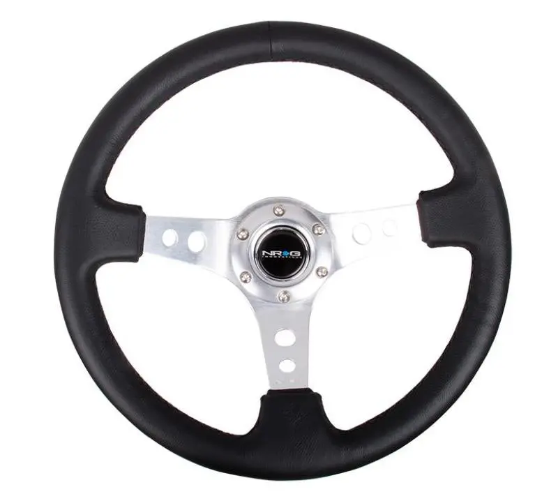 Nrg Reinforced Steering Wheel (350Mm / 3In. Deep) Blk Leather W/Silver Spoke & Circle Cutouts 1