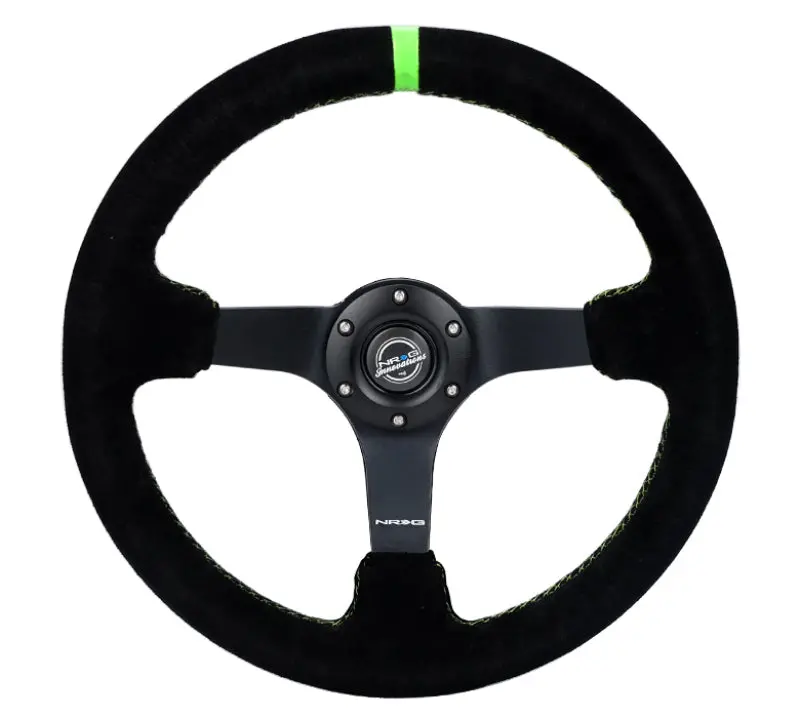Nrg Reinforced Steering Wheel 350Mm/3In. Deep Blk Suede/ Neon Green Stitch W/5Mm Matte Black Spoke 1