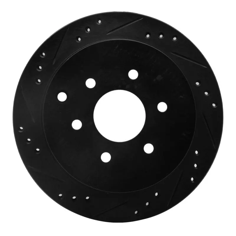 R1 05-25 Nissan Frontier Rear Left Drilled & Slotted Black Brake Rotor 1