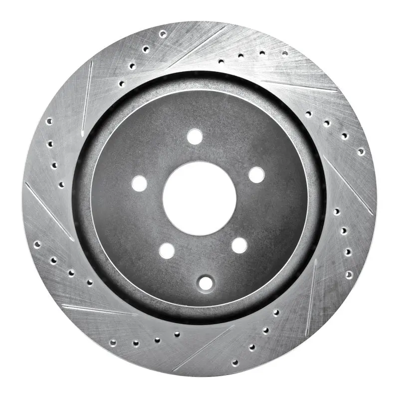 R1 09-24 Infiniti Q50 Rear Left Drilled & Slotted Silver Brake Rotor 1