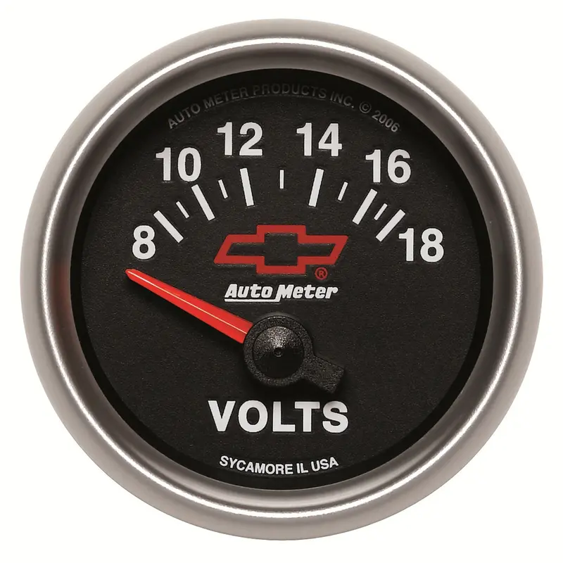 Autometer Voltmeter Gauge – 2-1/16 Inch, 0–18V Range, Chevy Red Bowtie Accented Black Dial 1