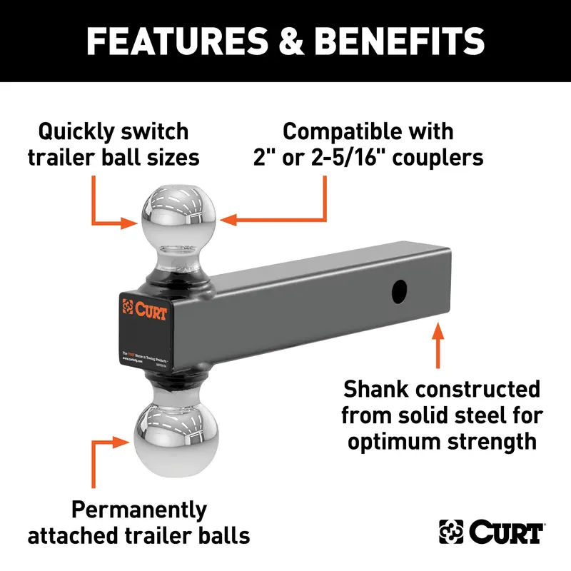 Curt 45665 Multi-Ball Trailer Hitch Mount – 2" Solid Shank With Chrome 2" & 2-5/16" Balls 1
